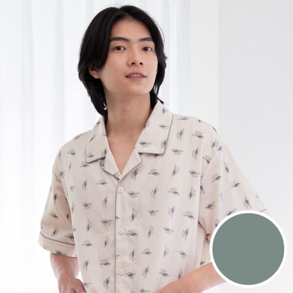 華歌爾睡衣-男士系列 M-LL國民領短袖褲裝(橄欖灰) 居家休閒-純棉印花